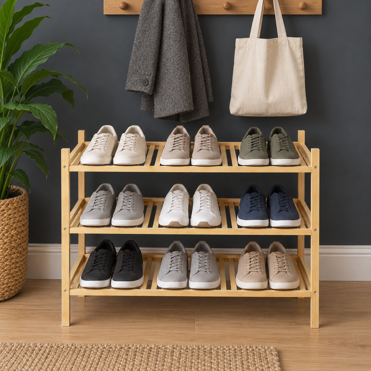 3 tier bamboo shoe rack in an entryway with three pairs of sneakers on each shelf, a coat and a canvas tote on a peg rail above