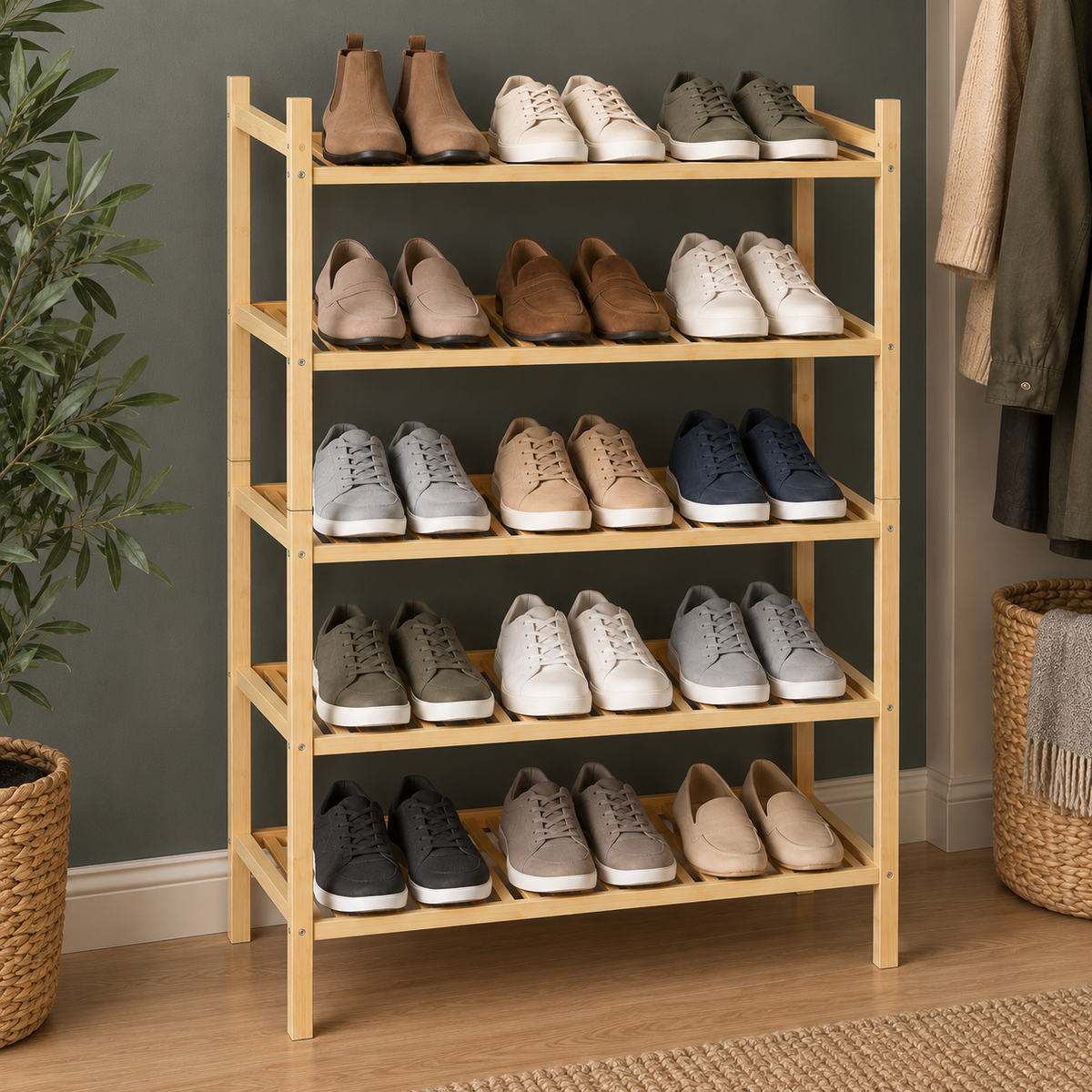 A 2 tier bamboo shoe rack stacked on a 3 tier rack into a five shelf tower full of shoes against an olive wall