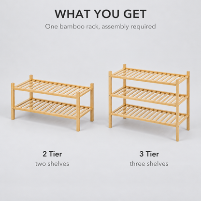 What you get: one bamboo shoe rack, assembly required, shown as the 2 Tier with two shelves and the 3 Tier with three shelves