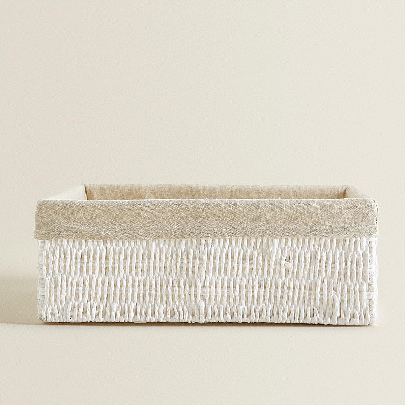 Large woven storage bin, 14.17 x 10.63 x 5.12 inches, white twisted cord weave with a beige fabric liner folded over the rim