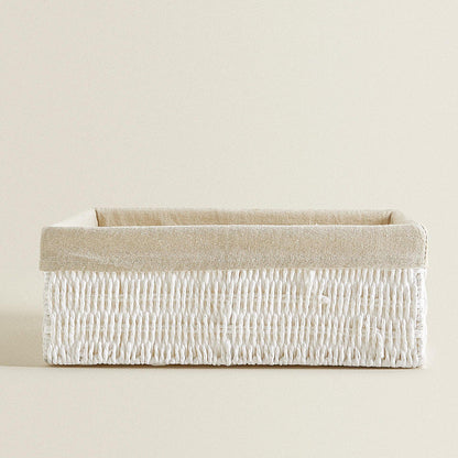 Large woven storage bin, 14.17 x 10.63 x 5.12 inches, white twisted cord weave with a beige fabric liner folded over the rim