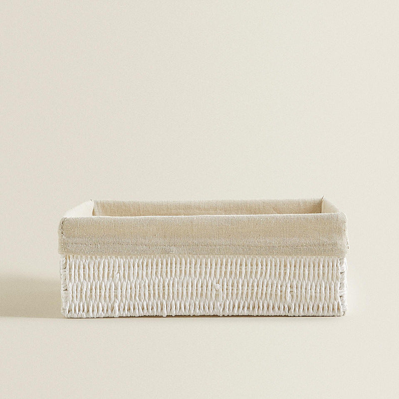 Medium woven storage bin, 12.6 x 9.45 x 4.72 inches, white weave with a beige fabric liner folded over the rim
