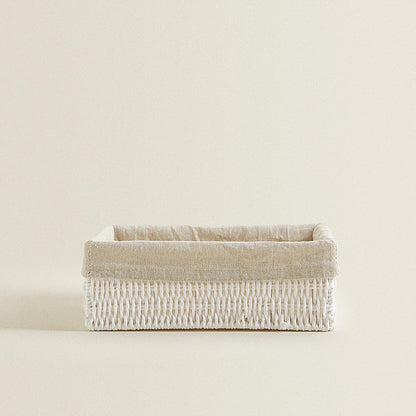 Small woven storage bin, 11.02 x 7.87 x 3.94 inches, white weave with a beige fabric liner folded over the rim