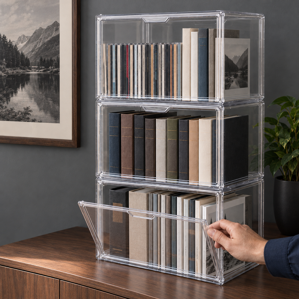 Three clear stackable storage boxes on a walnut sideboard, a hand lowering the bottom box's front door to reach the books and CDs inside