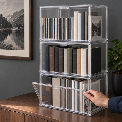 Three clear stackable storage boxes on a walnut sideboard, a hand lowering the bottom box's front door to reach the books and CDs inside