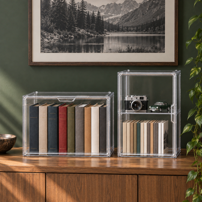 A wide clear storage box of hardback books beside a tall clear box with a shelf holding a camera and paperbacks, on an oak console