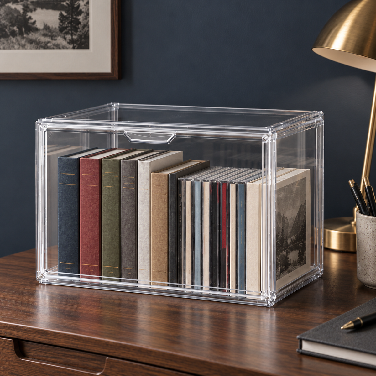 Medium clear storage box on a walnut desk beside a brass lamp, holding hardback books and CDs with every spine showing through the front