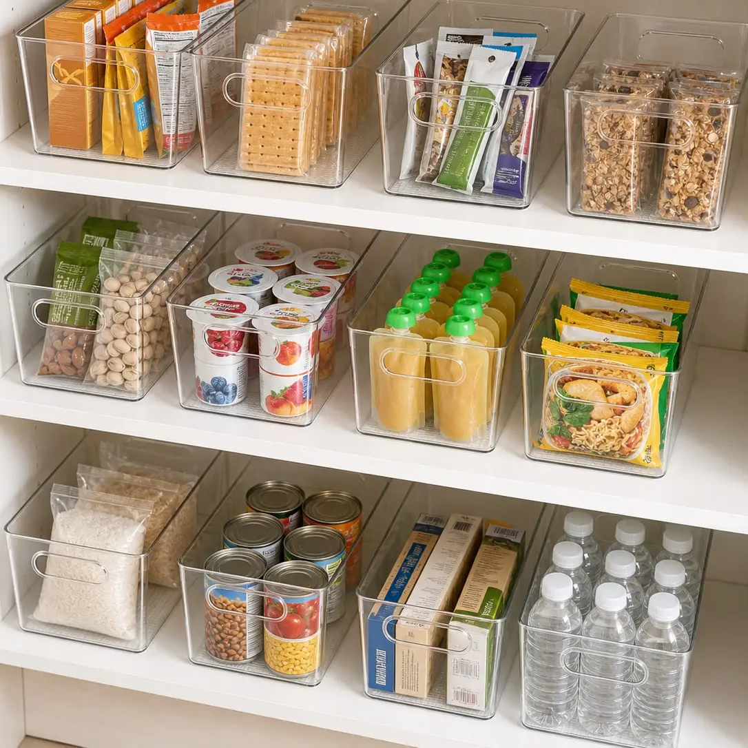 Clear storage bins lined up on white pantry shelves, each holding one kind of food: snacks, crackers, yogurts, pouches, rice, cans and bottled water