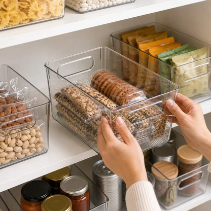 Hands lifting a clear storage bin of snack bars and cookies from a pantry shelf