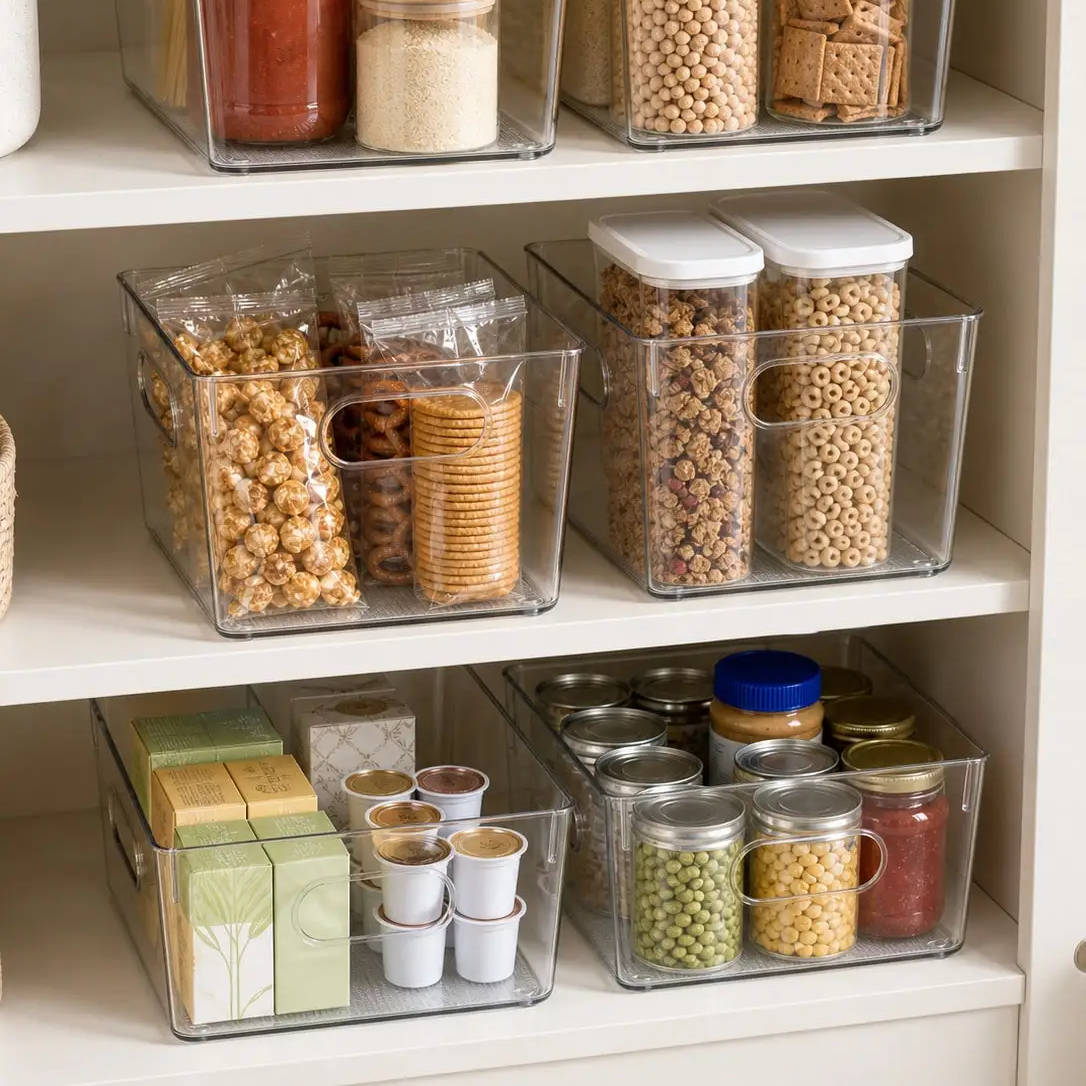Clear storage bins on cream pantry shelves holding snack bags, crackers, cereal canisters, coffee pods and canned food