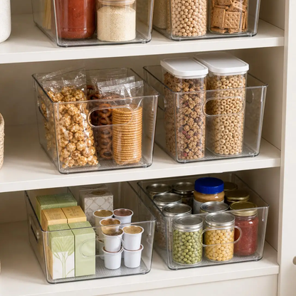 Clear storage bins on cream pantry shelves holding snack bags, crackers, cereal canisters, coffee pods and canned food