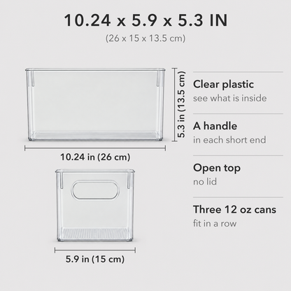 Dimensions of one clear storage bin, seen from the long side and the end: 10.24 in (26 cm) long, 5.9 in (15 cm) wide and 5.3 in (13.5 cm) tall. Clear plastic, a handle in each short end, open top with no lid, three 12 oz cans fit in a row