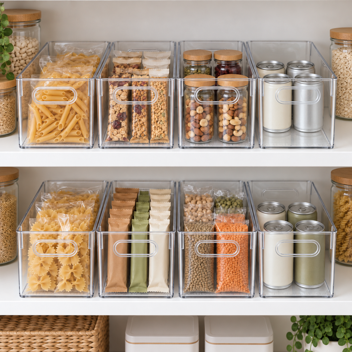 Eight clear pantry bins in two rows of four on white pantry shelves, handle ends facing out