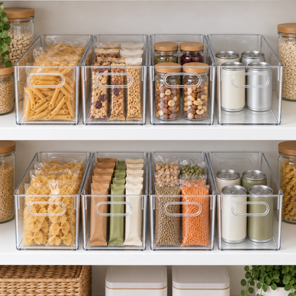 Eight clear pantry bins in two rows of four on white pantry shelves, handle ends facing out