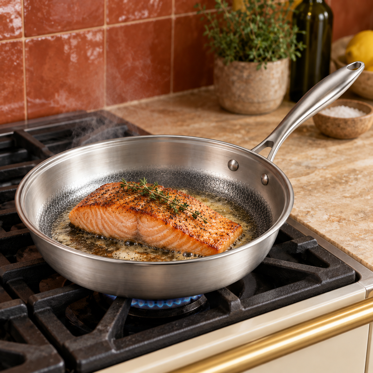 Hammered frying pan searing a salmon fillet on a gas burner in a kitchen with terracotta tiles