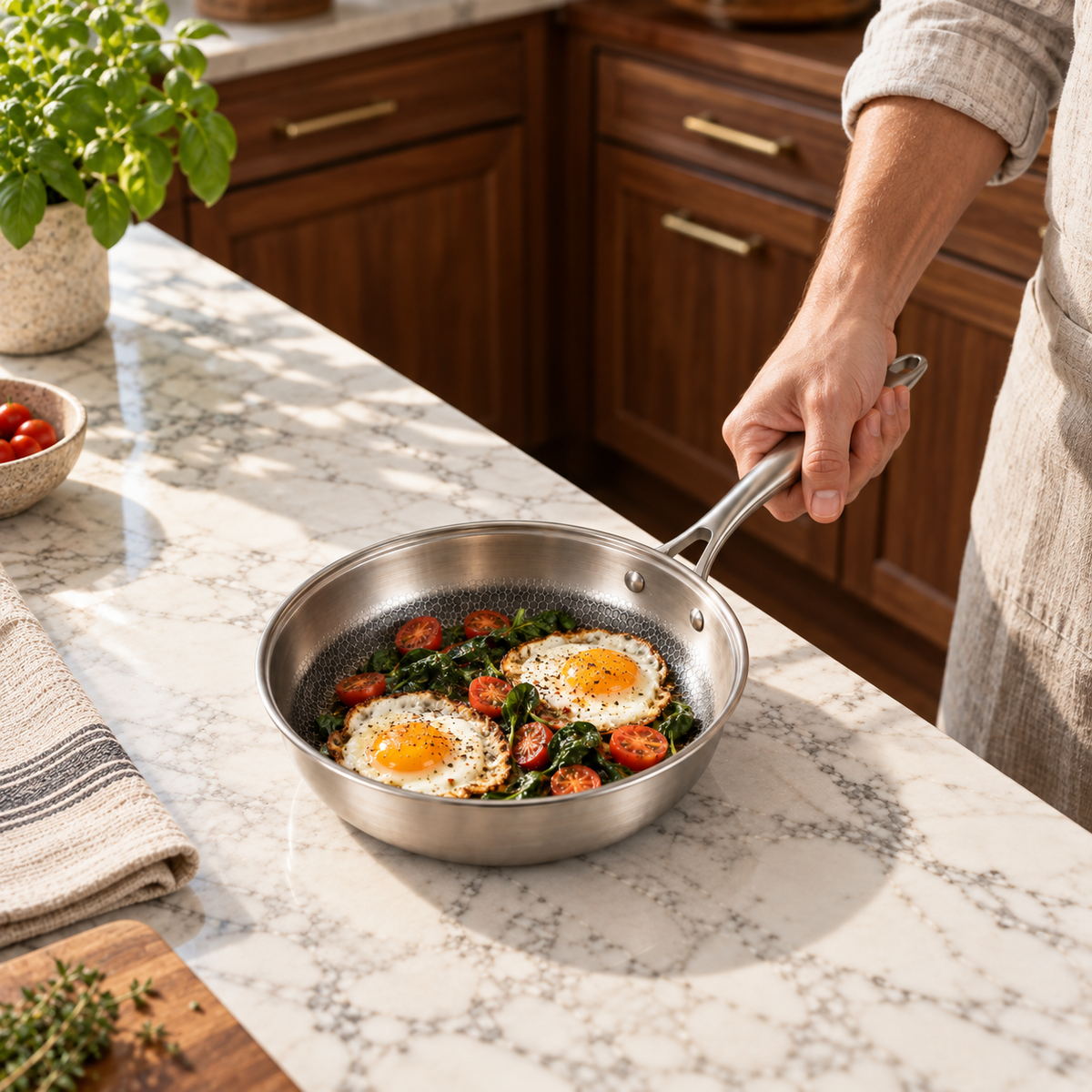 Hand holding a hammered frying pan of fried eggs, spinach and tomatoes on a white marble counter by walnut cabinets