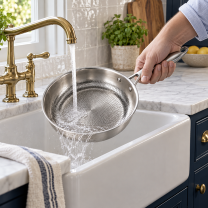 Hand rinsing a hammered frying pan under a brass tap at a white farmhouse sink with navy cabinets
