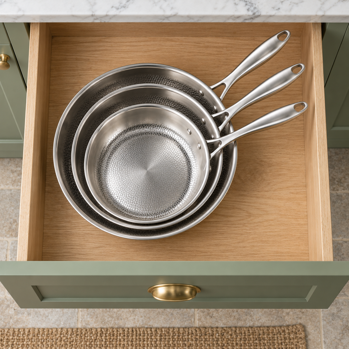 Three sizes of the hammered frying pan nested in an open sage green kitchen drawer