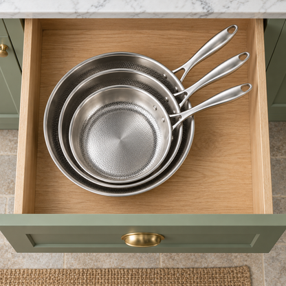 Three sizes of the hammered frying pan nested in an open sage green kitchen drawer