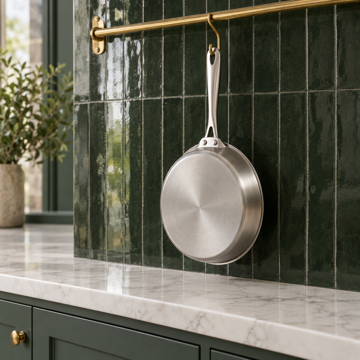 Hammered frying pan hanging by its handle hole from a brass rail against dark green tiles
