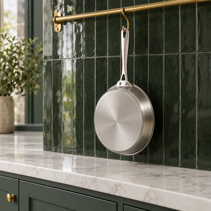 Hammered frying pan hanging by its handle hole from a brass rail against dark green tiles