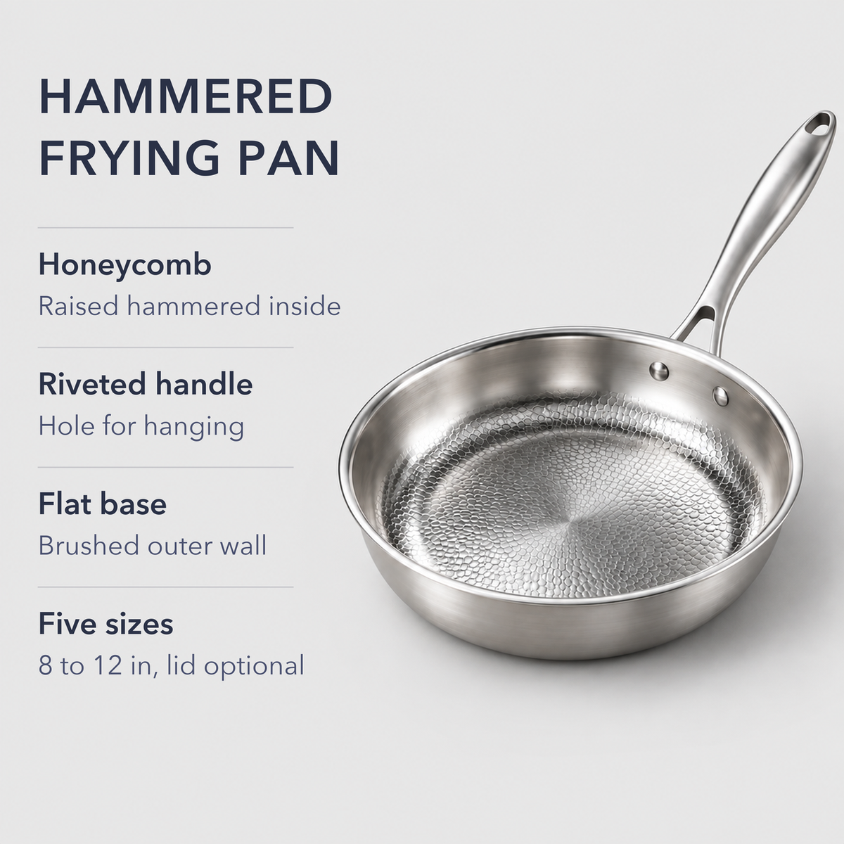 Hammered frying pan beside text naming the honeycomb inside, riveted handle with a hole for hanging, flat base and five sizes