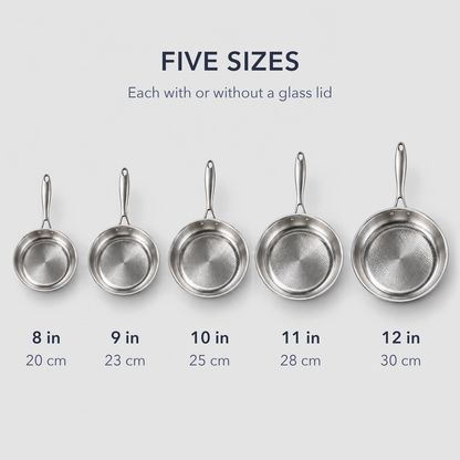 Five hammered frying pans in a row from 8 to 12 inches, each labelled in inches and centimeters