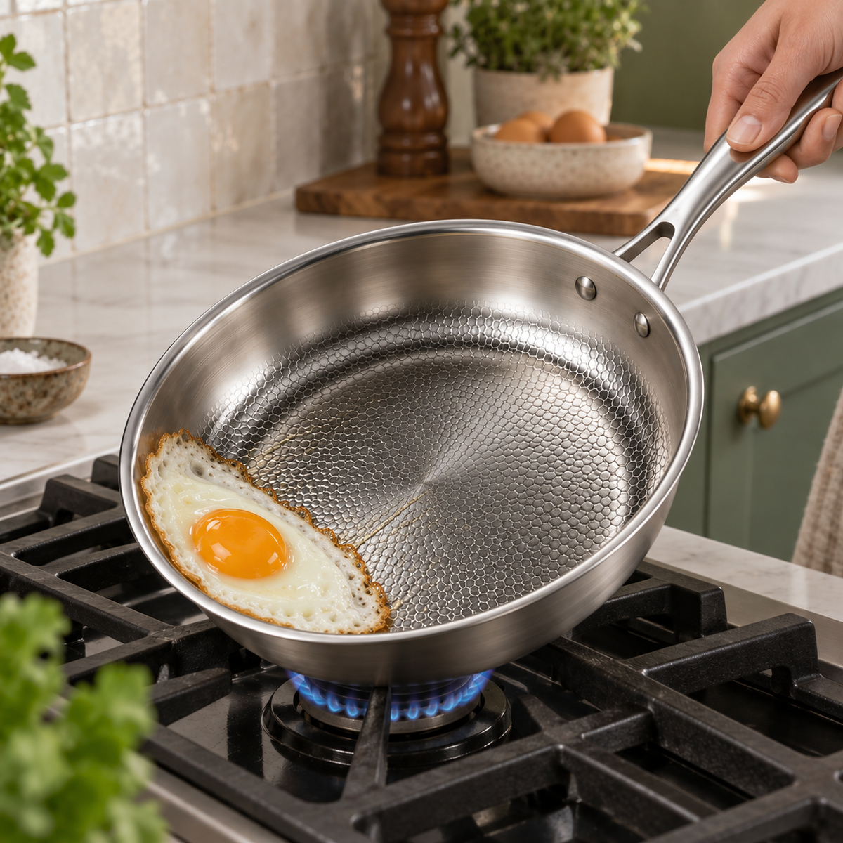 A fried egg sliding across the honeycomb surface of a tilted hammered frying pan on a gas hob in a sage green kitchen