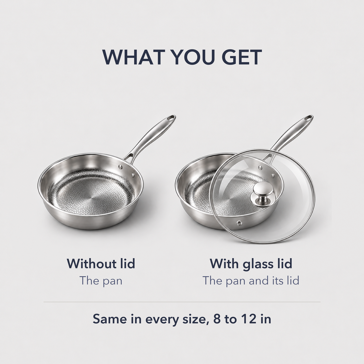 What you get: the pan alone without lid, or the pan with its glass lid, the same in every size from 8 to 12 inches