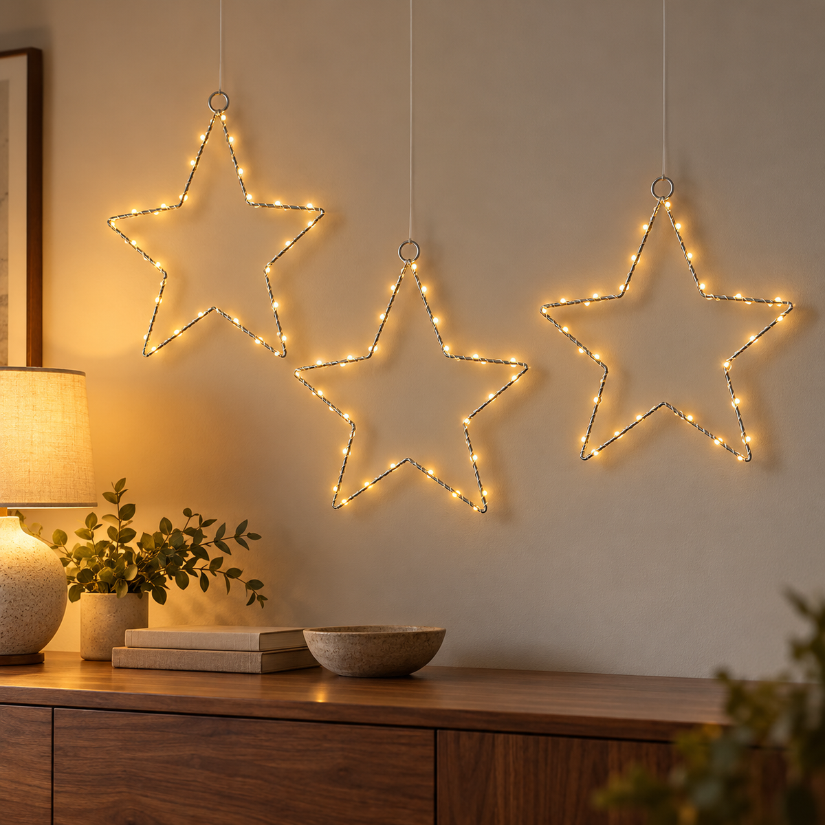 Three glowing star lights hung at different heights on a living room wall above a wooden sideboard