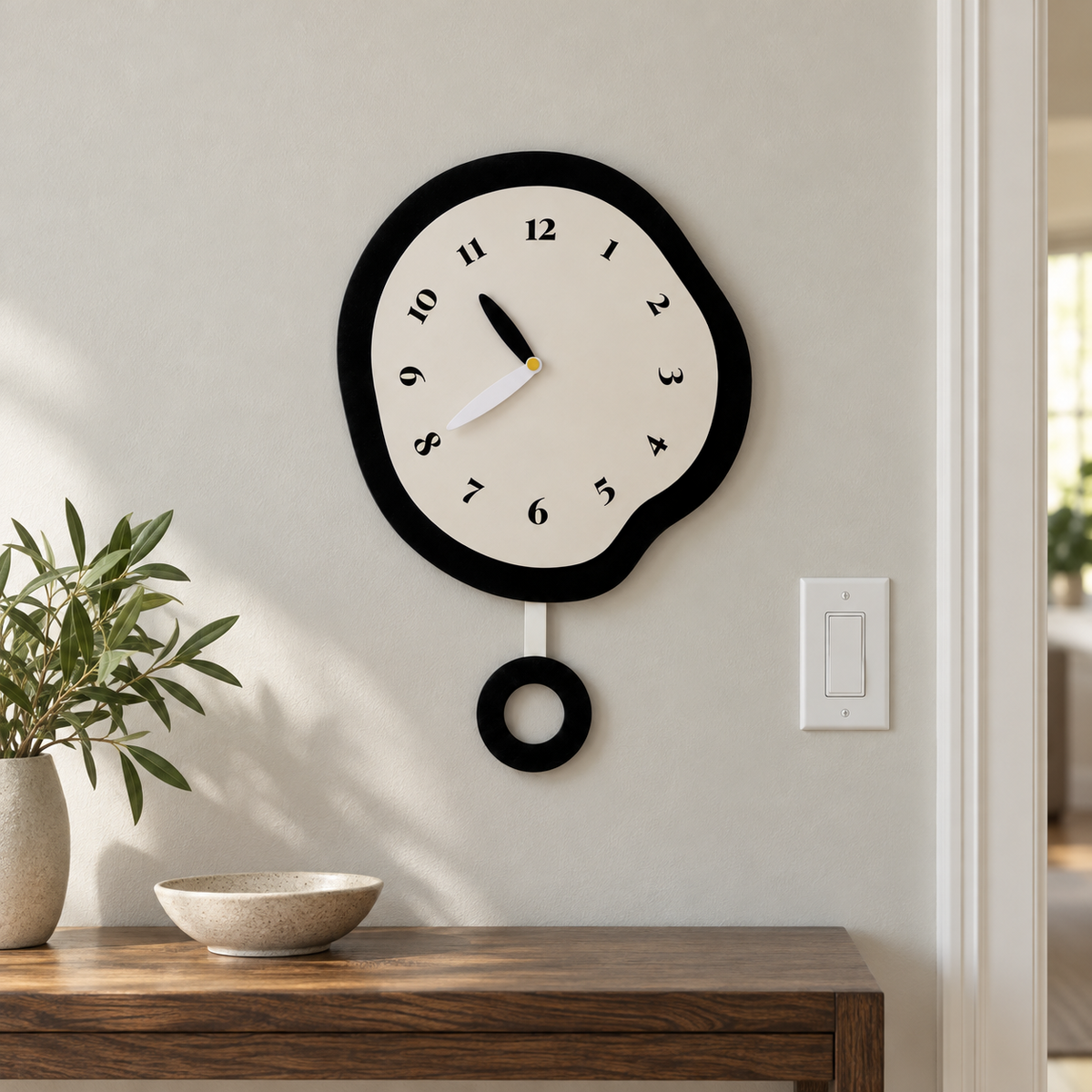 An abstract wall clock with a ring pendulum in a hallway beside a white door frame and a light switch