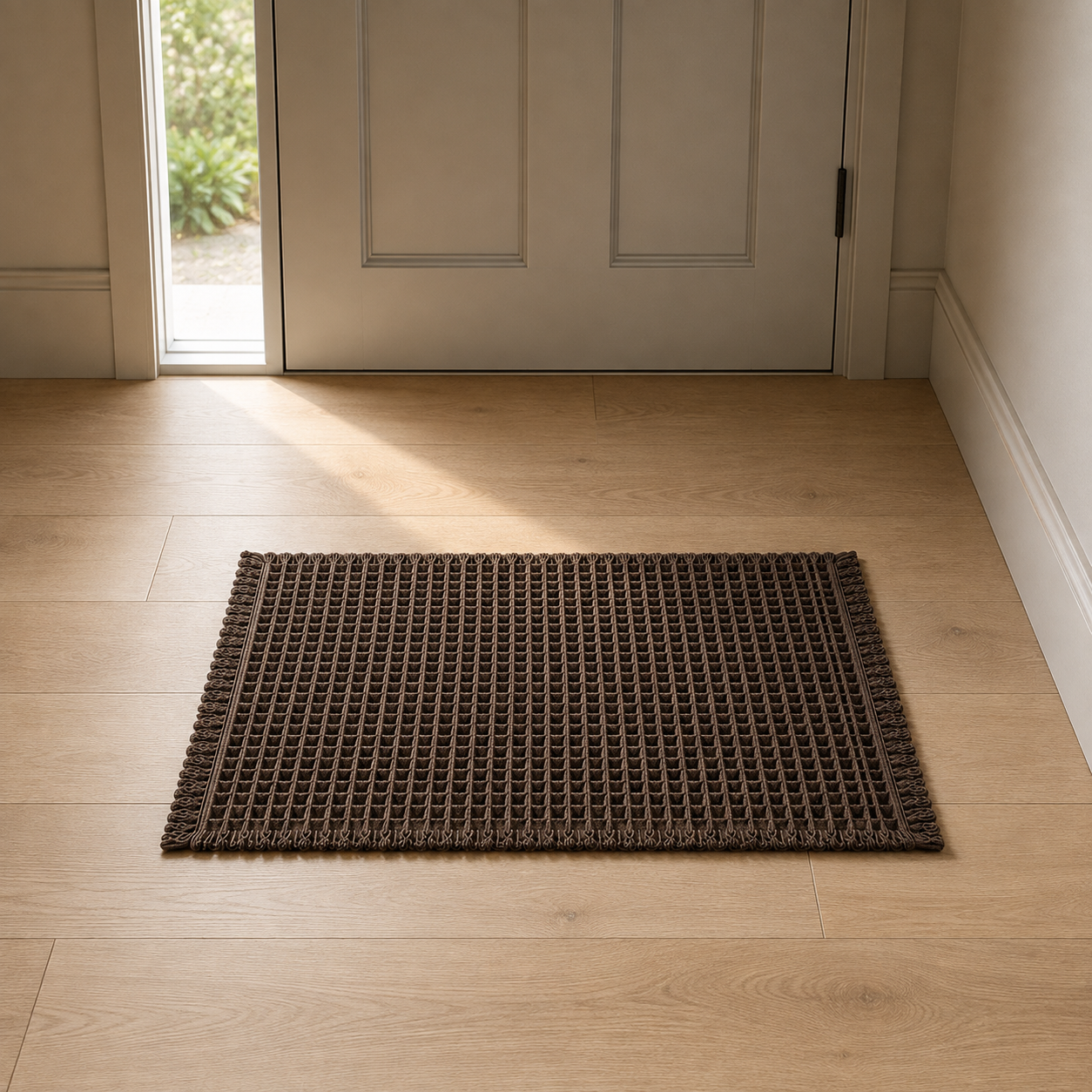 Brown waffle weave bath mat with fringed edges on an oak floor inside a front door