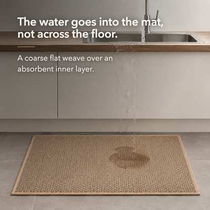Water from a kitchen tap running onto the beige woven rug, which takes the water into its absorbent inner layer