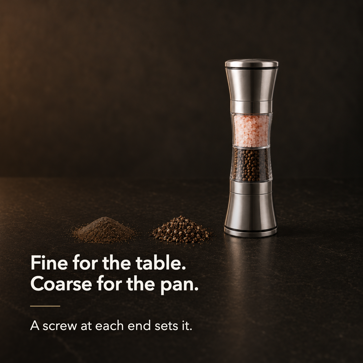 Fine and coarse ground pepper beside the mill that ground both