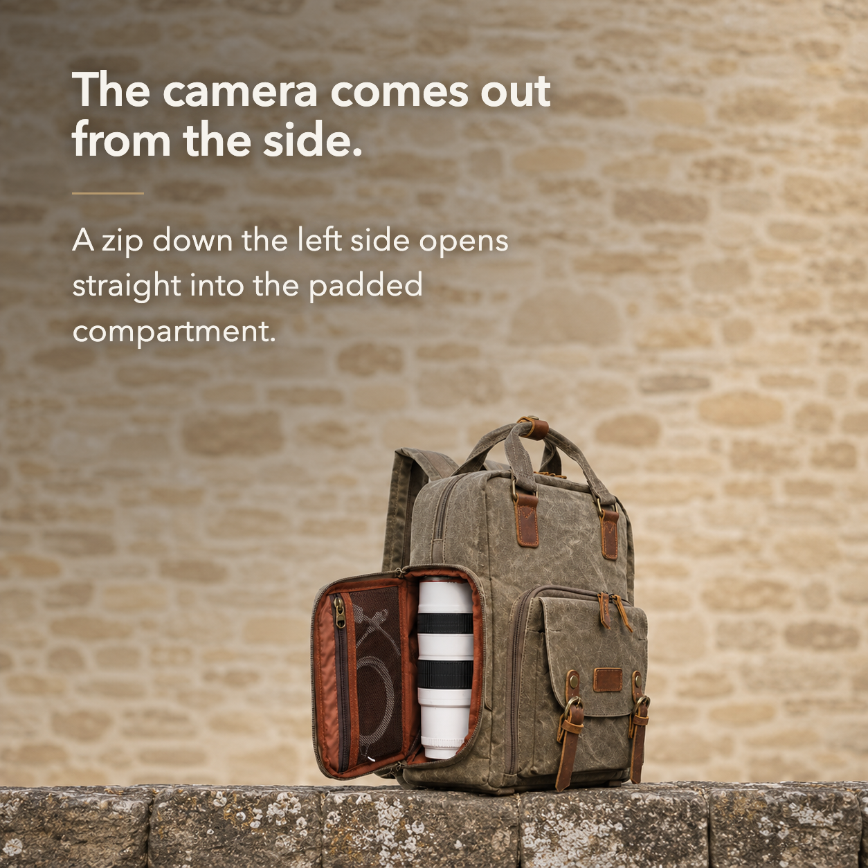 Camera backpack with its side door open and a telephoto lens inside.