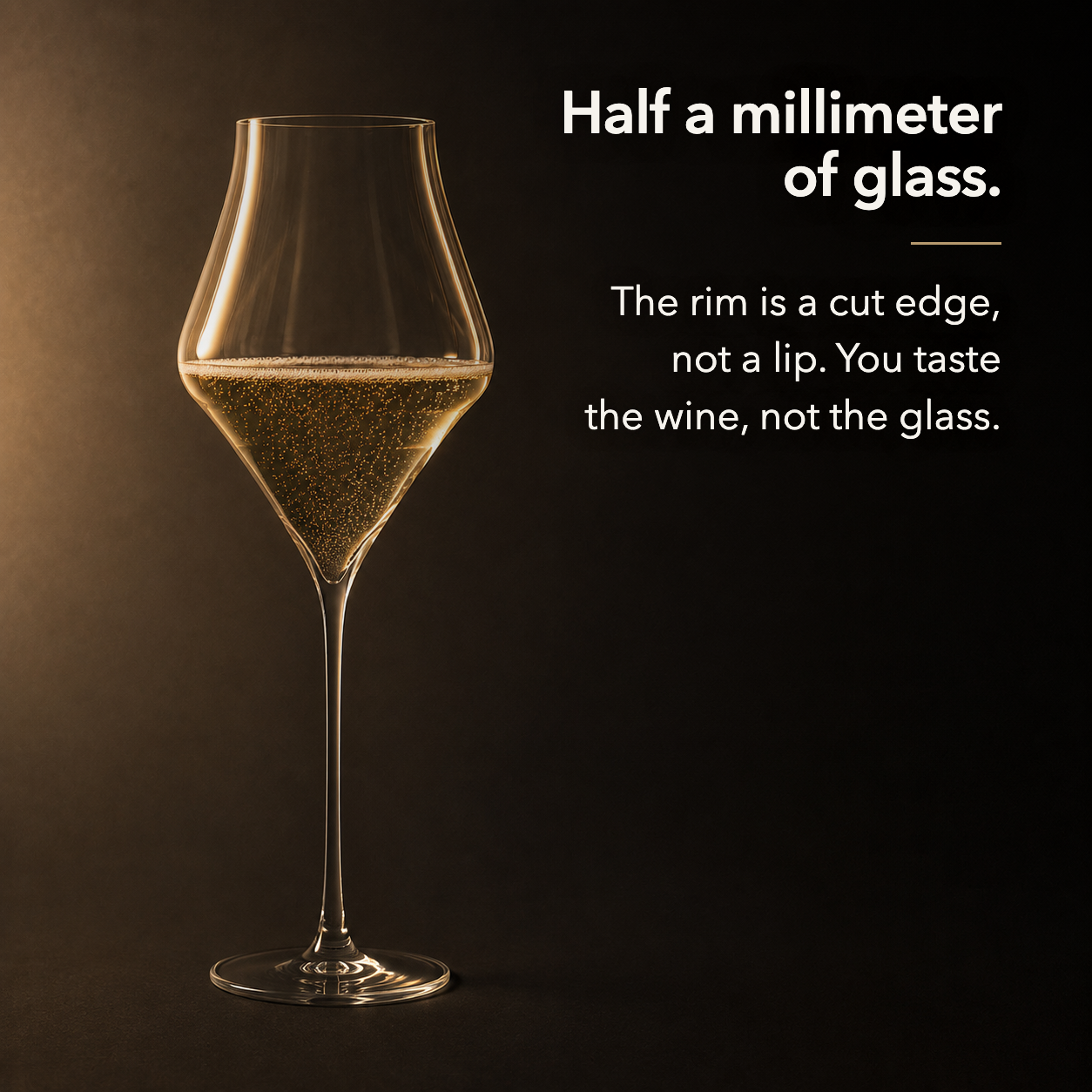 A whole ultra thin champagne glass filled with champagne, lit from the left against a dark background