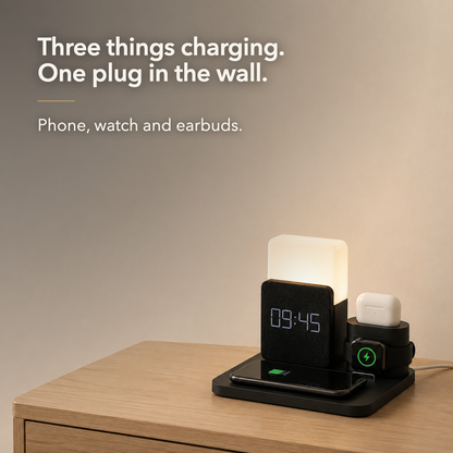 Three things charging, one plug in the wall - phone, watch and earbuds on the black charging station