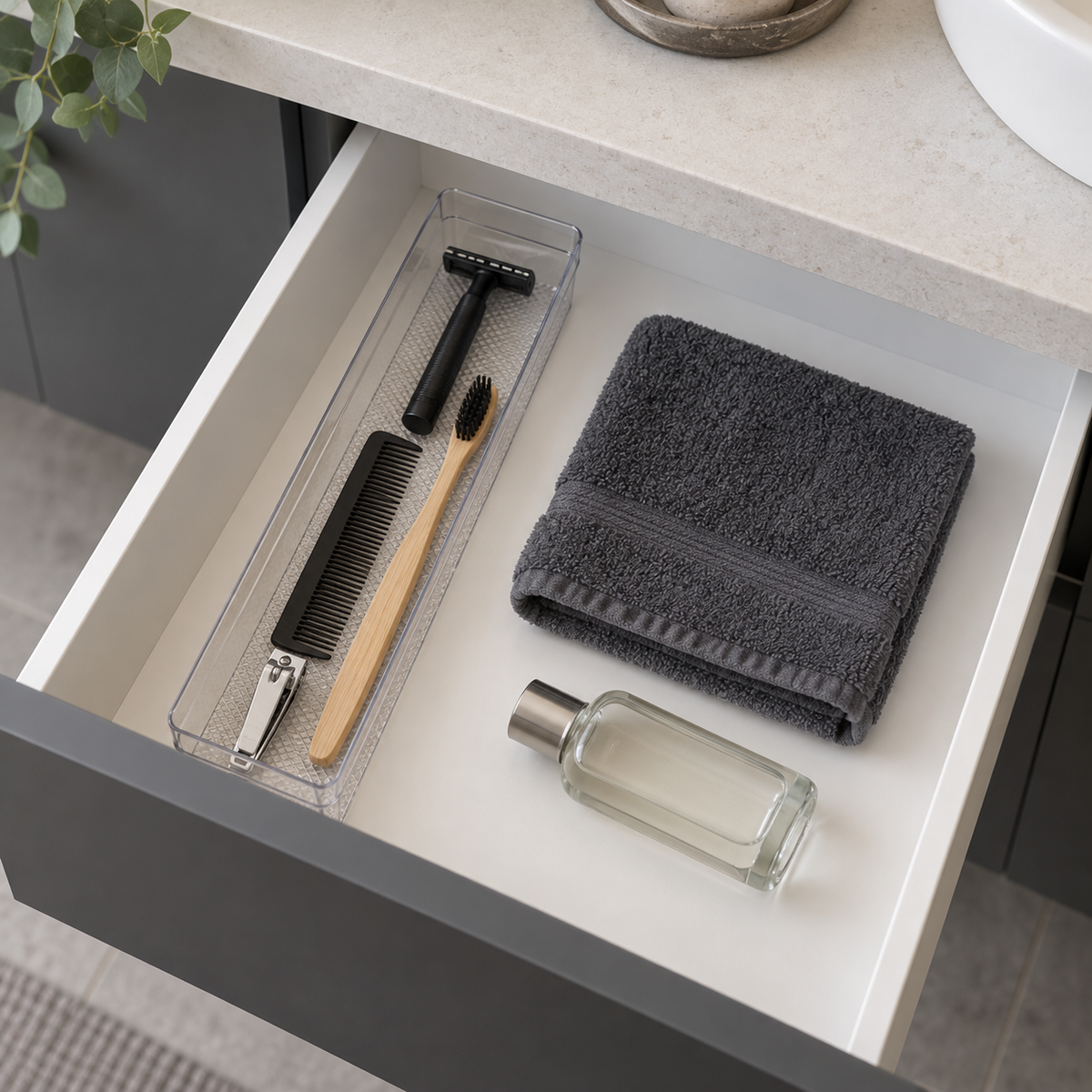 Clear drawer organizer tray in a bathroom vanity drawer holding a razor, comb, toothbrush and nail clippers