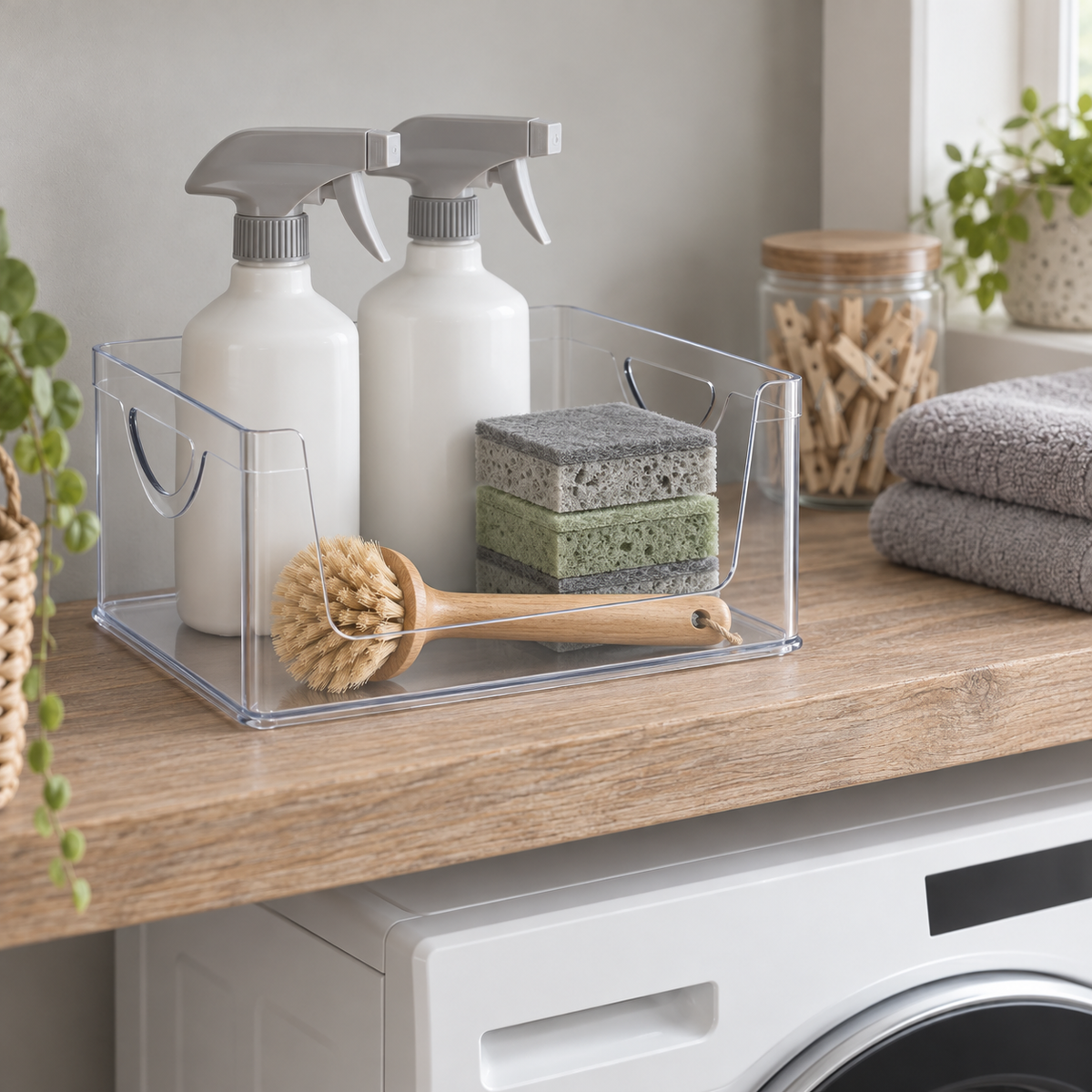 Clear open-front bin of spray bottles and sponges on a laundry room shelf above a washer