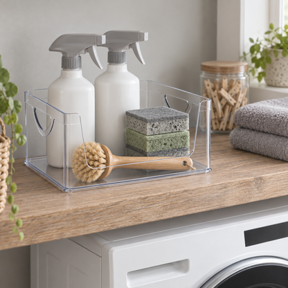 Clear open-front bin of spray bottles and sponges on a laundry room shelf above a washer