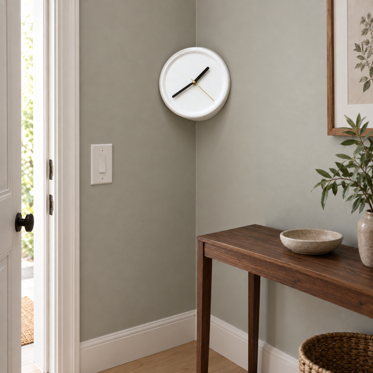 White corner wall clock with black hands in a sage gray hallway corner