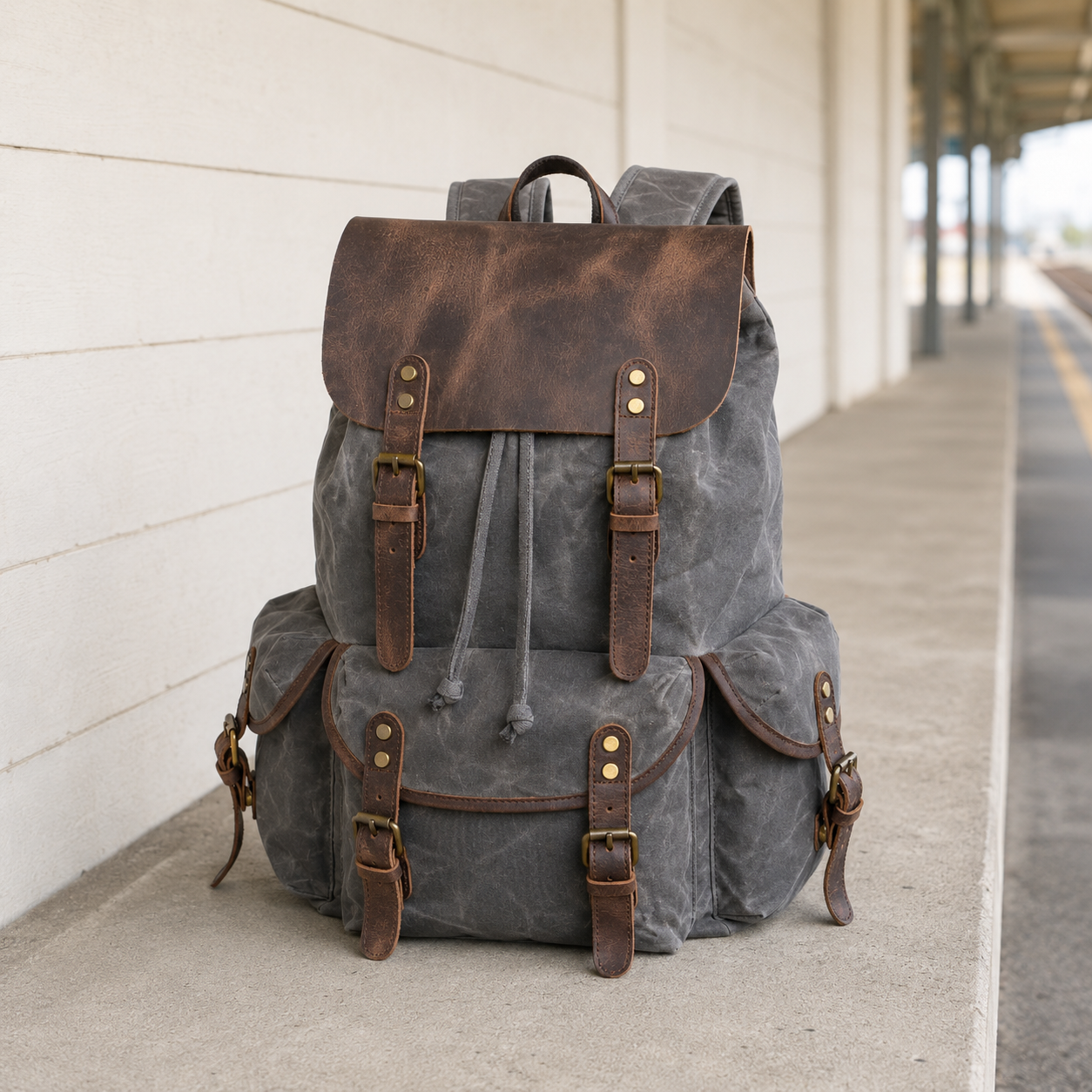 Dark grey waxed canvas backpack on a concrete bench on a railway platform