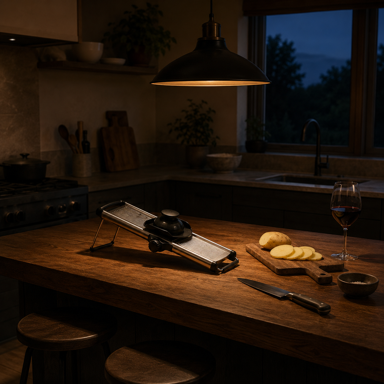 Mandoline slicer on a walnut kitchen island in the evening, lit by a warm pendant lamp beside a board of potato slices and a glass of wine