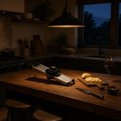 Mandoline slicer on a walnut kitchen island in the evening, lit by a warm pendant lamp beside a board of potato slices and a glass of wine