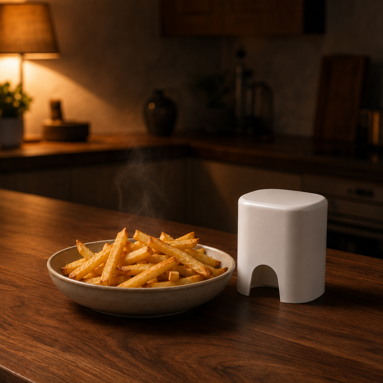 The fry cutter on a walnut worktop in warm evening lamplight beside a bowl of hot cooked fries
