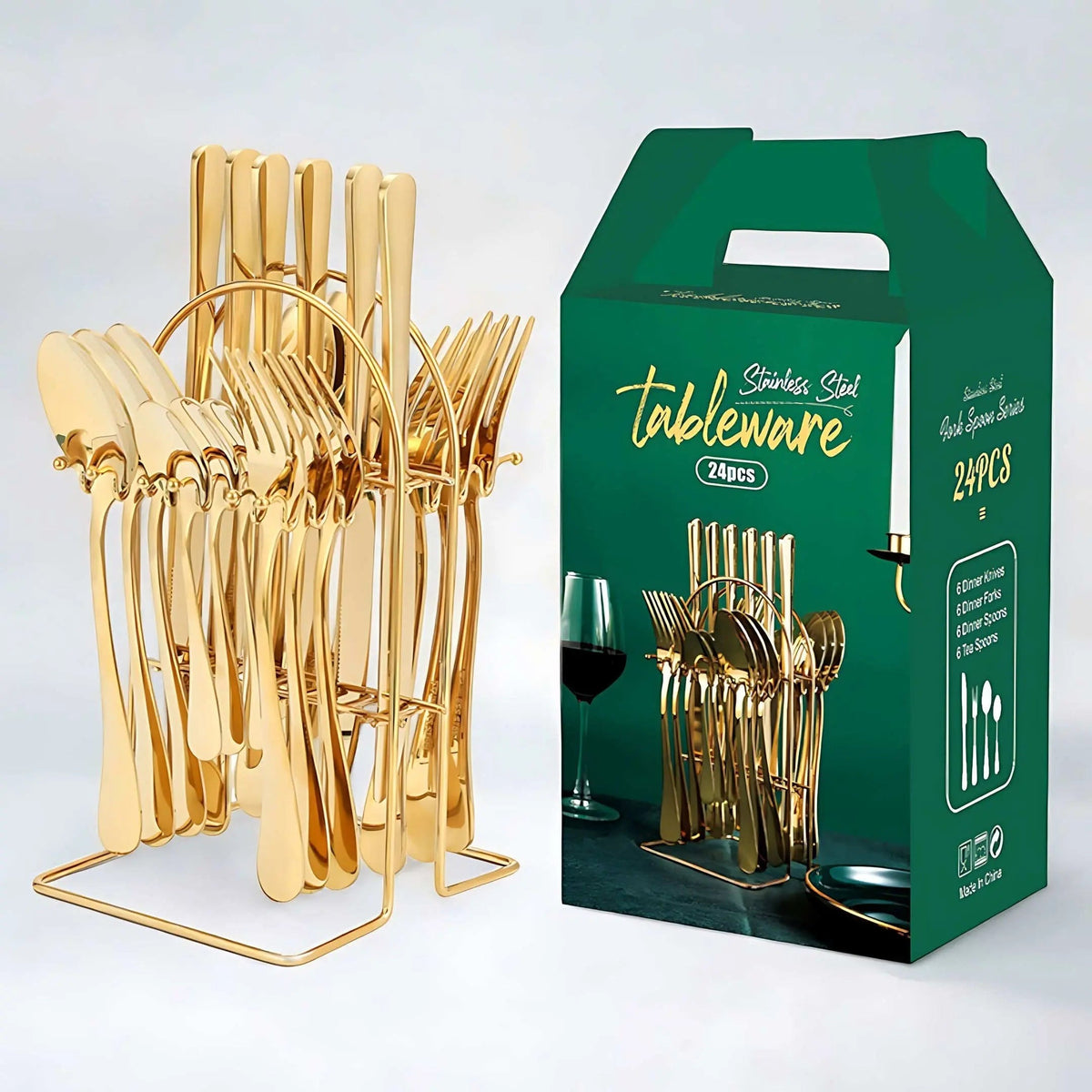 All-gold 24-piece cutlery set hanging on a gold arched storage rack