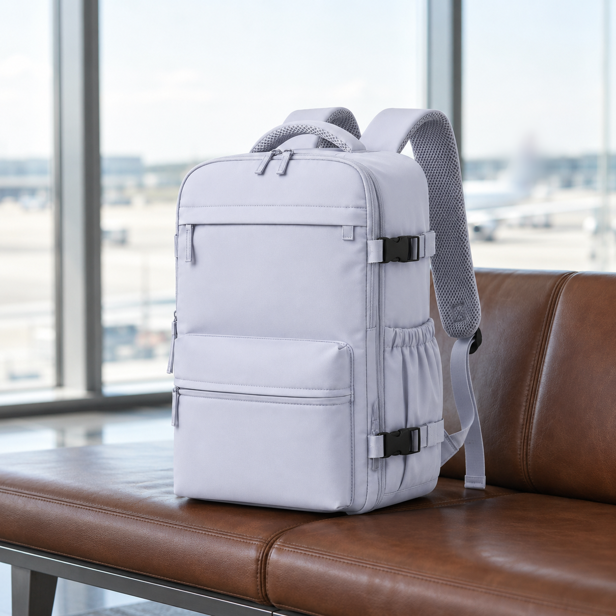 Pale lilac grey laptop backpack on a tan leather bench in an airport lounge