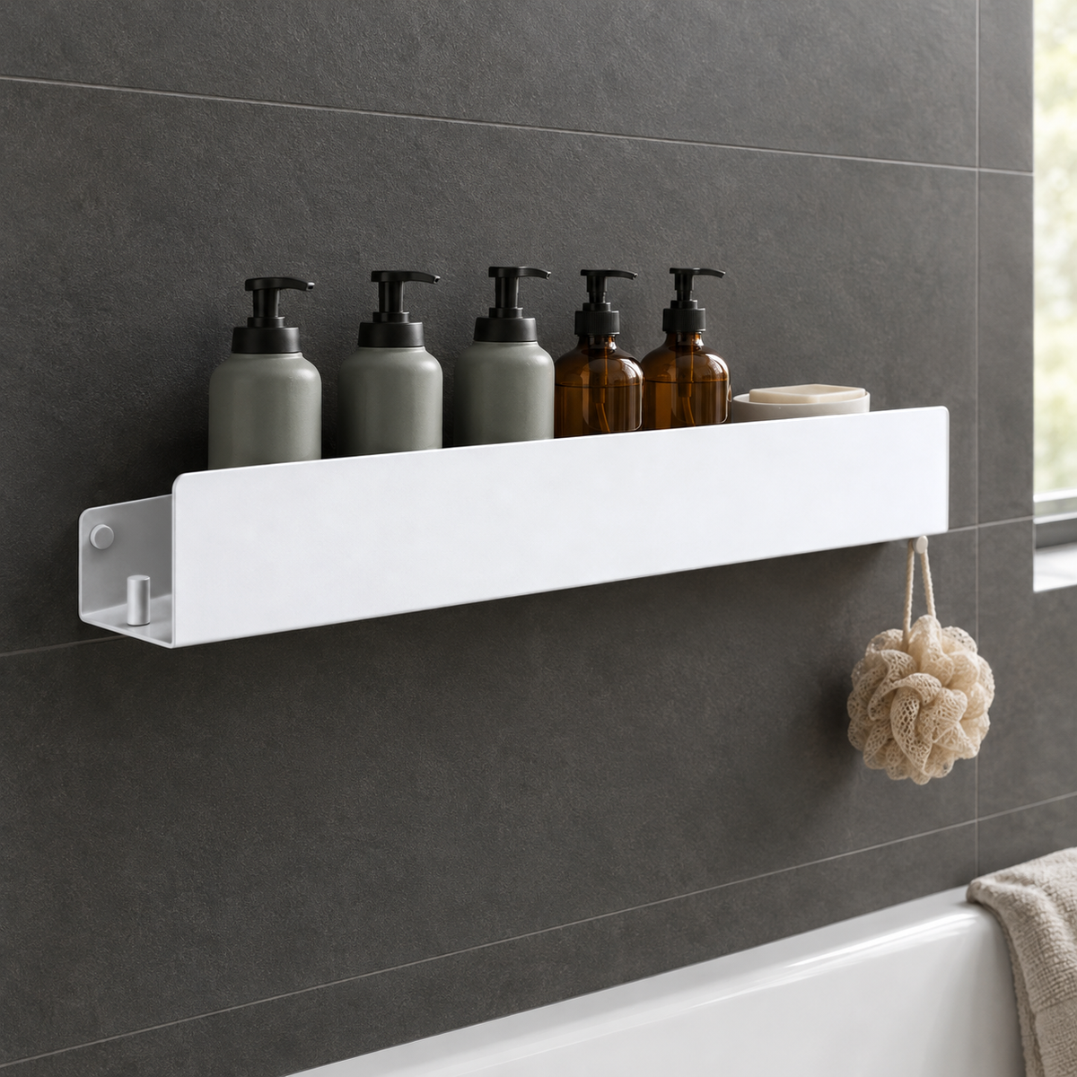 White aluminum bathroom shelf with bottles above a bathtub on a dark charcoal tiled wall, a loofah hanging from one end