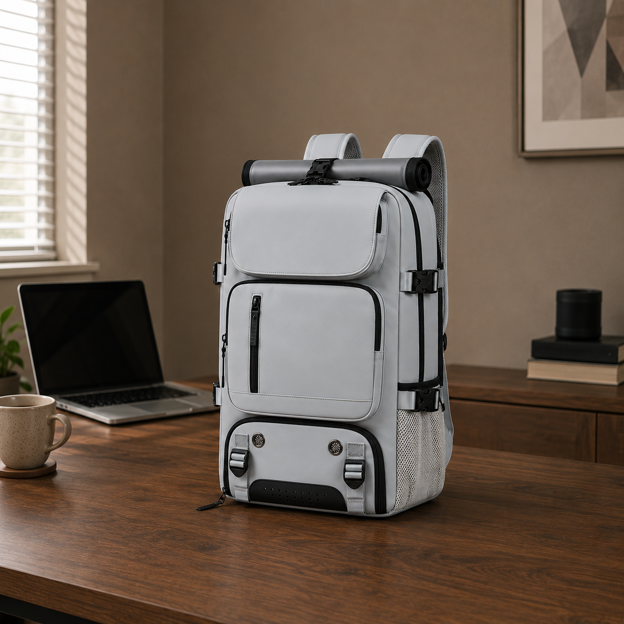 Light gray travel backpack standing on a wooden desk in a home office, laptop and coffee cup beside it in window light