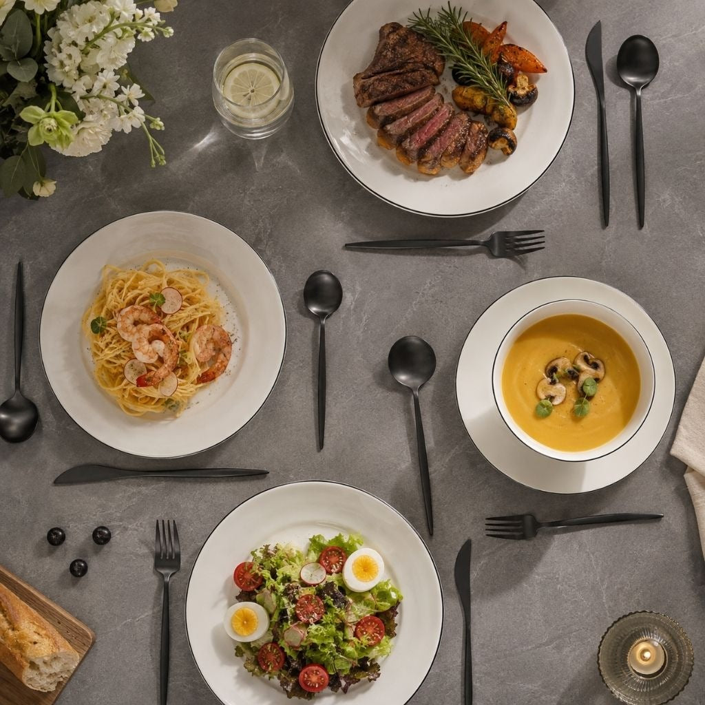 Overhead view of a gray dinner table laid with matte black cutlery beside steak, pasta, soup and salad